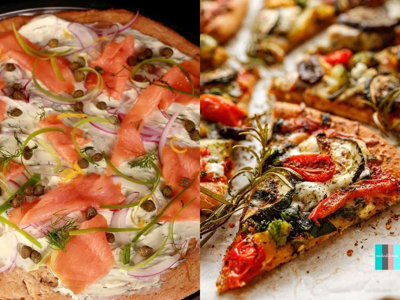 Pizza de salmón y pizza vegetal
